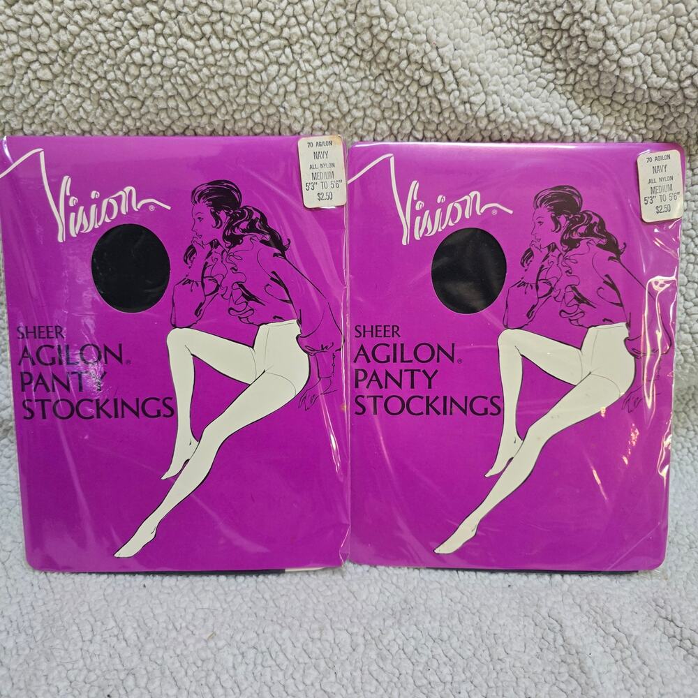 Vintage Vision Sheer Agilon Panty Stockings Navy Medium 2 Pack NOS Deadstock